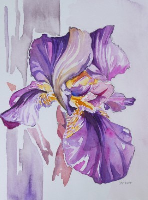 Aquarellbild einer abstrakten  Irisblüten in Blautönen